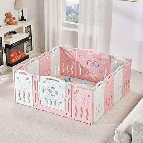Albott Baby Playpen, Upgraded 14 Panels Foldable Baby Fence with Game Panel and Safety Gate, Adjustable Shape, Portable Play Yards for Children Toddlers Indoors or Outdoors (Pink+White,14 Panel)