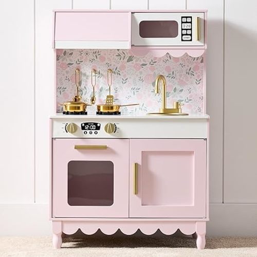 Best Choice Products Toddler Kitchen Playset, Wooden Cottage Kids Play Kitchen with 5 Accessories, Toy Storage, Scalloped Edge, and Pretend Play Microwave, Oven, Clicking Knobs - Pink