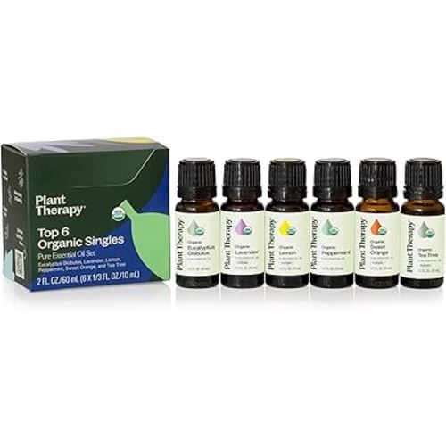 Plant Therapy Top 6 USDA Organic Essential Oil Set - Lavender, Peppermint, Eucalyptus, Lemon, Tea Tree 100% Pure, Natural Aromatherapy, for Diffusion & Topical Use, Therapeutic Grade 10 mL (1/3 oz)