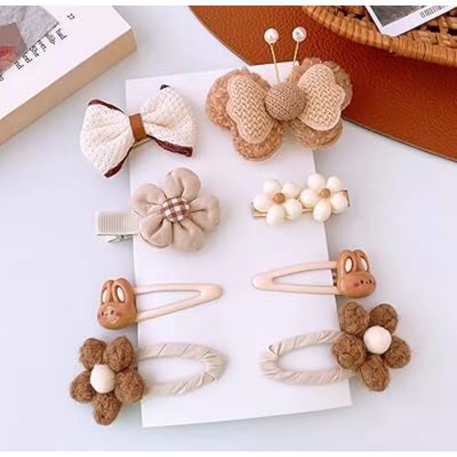 Hair Clips for Baby Girls-8 Pcs Beige Hair Accessories with Knitted Flower, Bow, Butterfly Designs-Soft Wool and Crochet Hairpins-Non-Slip Barrettes for Daily and Occasional Wear (Design 4-8pc Set)