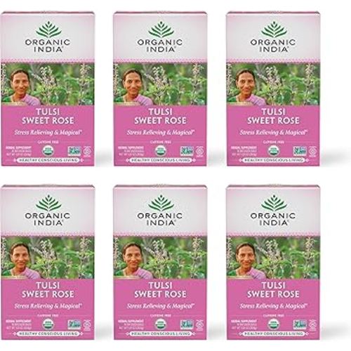 Organic India Tulsi Sweet Rose Herbal Tea - Holy Basil Leaf, African Basil, Chamomilie, Lemon Myrtle, Stress Relieving, Immune Support, USDA Certified Organic, Caffeine-Free - 18 Infusion Bags, 6 Pack