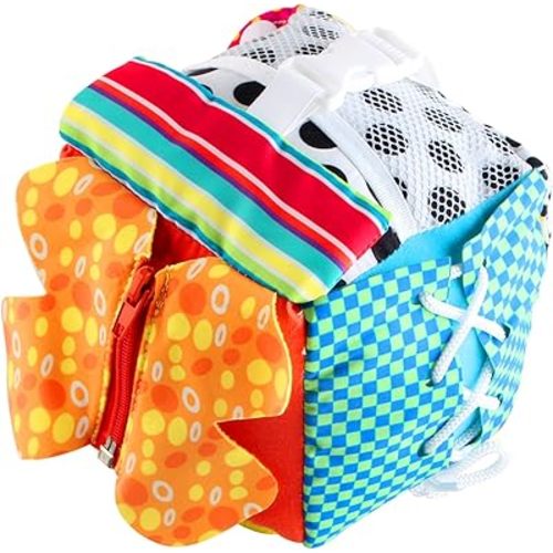 KAKIBLIN Cubic Activity Learning Toy with Zippers, Latches, Buckles, Laces, Snaps, Buttons and More - Perfect for Toddlers at Home, on Airplanes, Cars or Travel