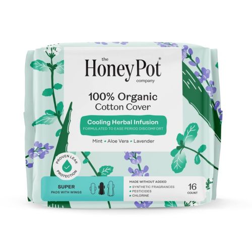 Honey Pot 100% Organic Cotton Cover Cooling Herbal Infusion Super Pads - 16 ct