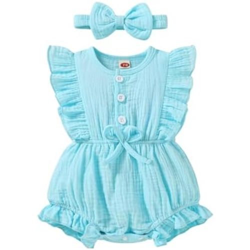 Happy Town Newborn Baby Girl Summer Clothes Infant Linen Romper Ruffle Sleeve Baby Girl Jumpsuit Outfits