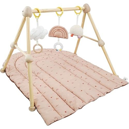 4-in-1 Wooden Baby Play Gym & Activity Mat, Soft Cotton Tummy Time Mat for Babies 0+,with 3 Detachable Toys for Sensory & Motor Skill Development,Newborn Infant Baby Essentials Gift,Blush-Rainbow