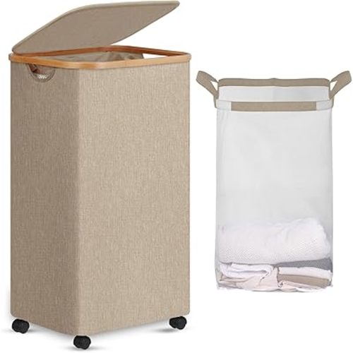 efluky Laundry Basket with Wheels, Tall Rolling Laundry Hamper with Lid and Removable Bag, Aesthetic Dirty Clothes Hamper on Wheels for Laundry Room, Bedroom, Dorm and Bathroom, 100L Oatmeal