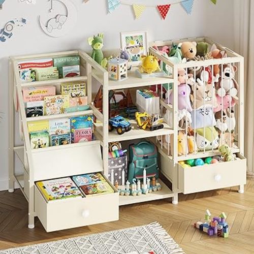 Kids Bookshelf and Toy Storage, Montessori Baby Bookcase with Stuffed Animal Storage and 2 Drawers, 3-Tier Sling Book Shelf for Kids Room, Nursery, Kindergarten, Playroom, Beige