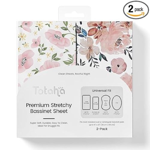 TotAha Premium Stretchy Bassinet Sheets for Baby Girl, Silky Comfort Cradle Sheets Fitted 18 x 36 for Oval, Rectangular, Hourglass Mattress, Hypoallergenic, Buttery Soft 2-Pack (Floral & Pale Pink)