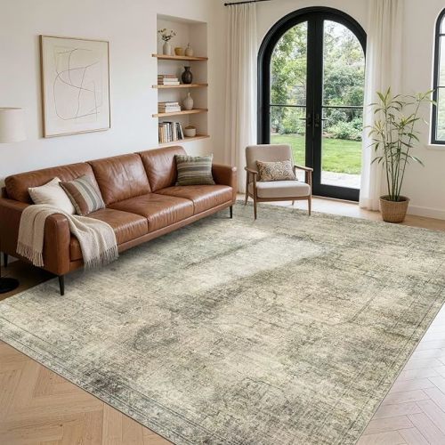 Vintage 5x7 Area Rug for Bedroom, Washable Green Rugs for Living Room, Dining Room, Kitchen, Boho Indoor Soft Rugs for Classroom, Playroom, Non Slip Low Pile Distressed Carpets for Dorm Office