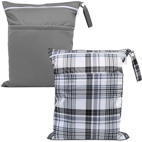 2pcs Cloth Diaper Wet Dry Bags Waterproof Reusable with Two Zippered Pockets Travel Beach Pool Daycare Soiled Baby Items Yoga Gym Bag for Swimsuits or Wet Clothes- Plaid