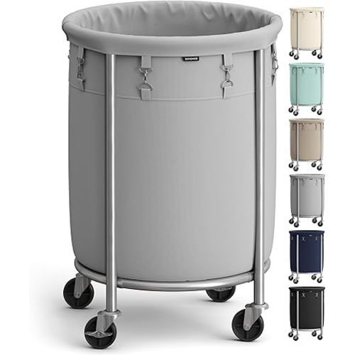 SONGMICS 29-Gallon (110 L) Laundry Basket with Wheels, Rolling Round Heavy-Duty Laundry Hamper Cart with Steel Frame and Removable Bag, 2 Locking Wheels, Gray and Metallic Silver URLS002G01