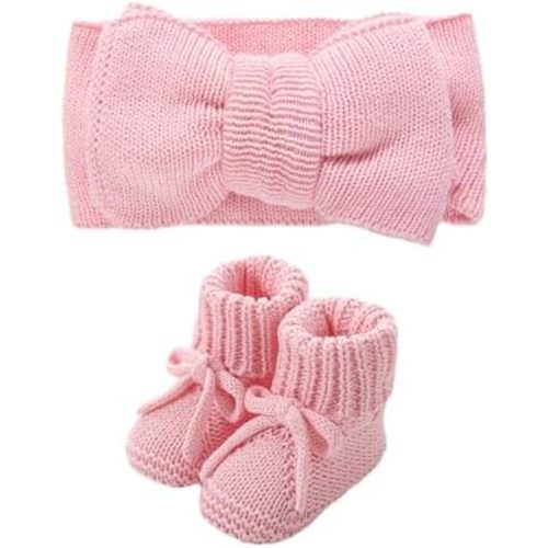 Baby Present Set, Knit Princess Soft Warm Newborn Sock Shoes & Bowknot Hairband, Cute Accessories for Baby Girls