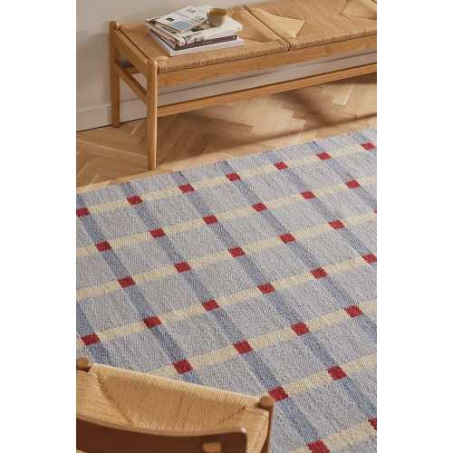 Hand Woven Flatweave Wool Rug Light Blue Area Rug with Burgundy Grid Pattern for Living Room, Bedroom Dining Room Office and Nursery Rug