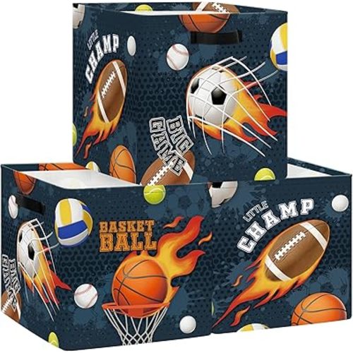 11.8" Sport Balls Basketball Storage Cube Organizer Rugby Football Clothes Storage Basket Bin for Closet Shelf Ball Game Flame Nursery Kid Room Book Toy Chest, 3Pcs