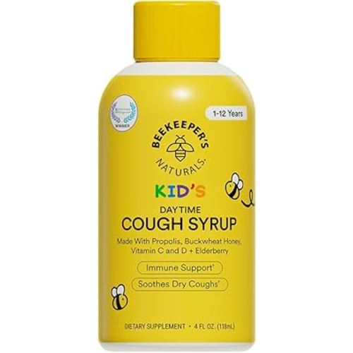 Beekeeper's Naturals Propolis Honey Cough Syrup Daytime for Kids Immune Support with Elderberry, Vitamin C, Vitamin D & Raw Honey - Throat Soothing - Gluten Free & Clean Ingredients, 4 oz.