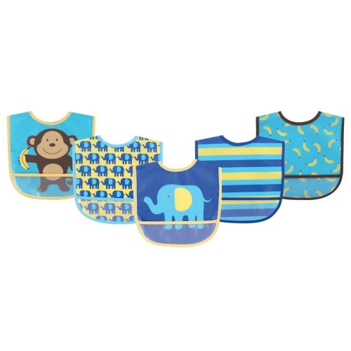 Luvable Friends Baby Boy Waterproof PEVA Bibs 5pk, Blue Monkey, One Size - Blue Monkey - One Size