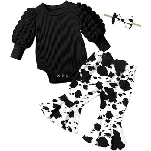 Baby Girl Clothes Long Sleeve Romper 3Pcs Baby Girl Outfits Flare Pants Set with Headband Fall Baby Girl Winter Clothes