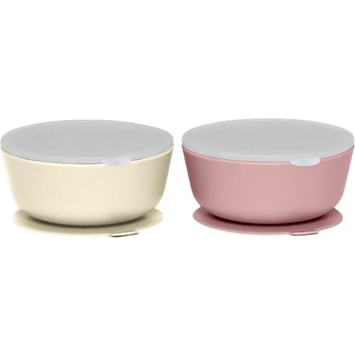 WeeSprout Suction Bowls for Baby & Toddlers (Set of 2) - 100% Silicone w/Plastic Lid - Leak Proof Feeding Supplies - Dishwasher & Microwave Safe Infant Dinnerware w/Extra Strong Base - Muted Pink + Muted Off White
