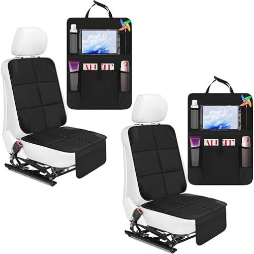 Aurelema 4 Pack Non-slip Car Seat Protector and Backseat Organizer Kick Mat with Tablet Holder, Large Waterproof Car Seat Protector with Storage Pockets for Leather and Fabric