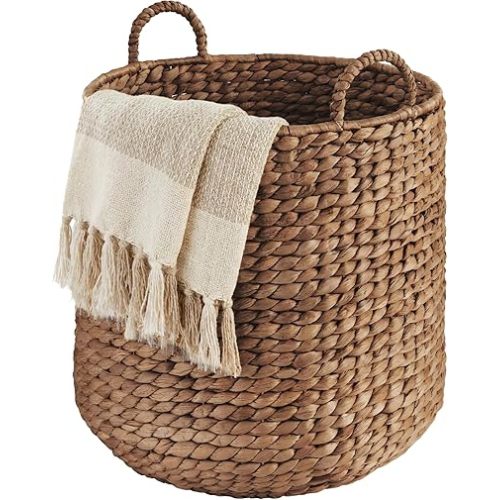 Best Choice Products Round Storage Basket w/Handles, Handwoven Water Hyacinth, Plant Holder, Storage Organizer Tote Bin for Bedroom, Living Room, Bathroom - Chestnut