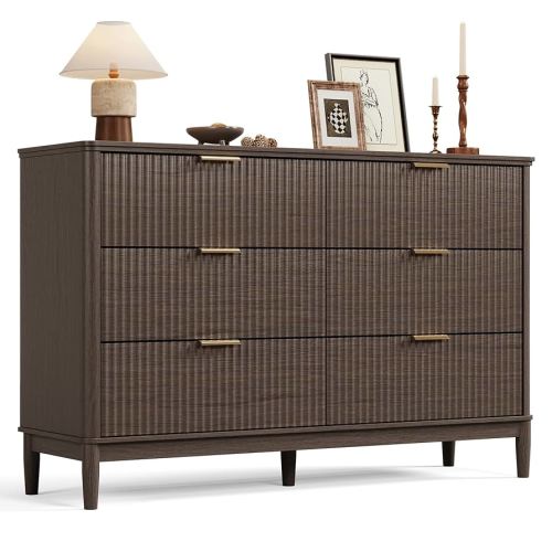 LINSY Fluted Dresser for Bedroom with 6 Drawers, Mid Century Modern Chest of Drawers with Gold Metal Handles, Wide Boho Wood Dressers, Large Farmhouse Storage Cabinet for Bedroom, Living Room, Walnut
