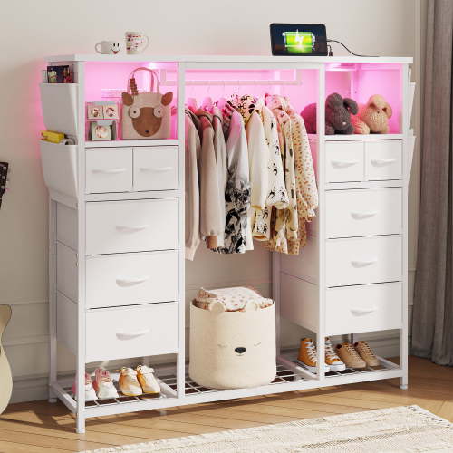 Enhomee White 10 Drawers Dresser for Bedroom with Hanging Rack Storage Cabinet with Led Lights & Charging Station