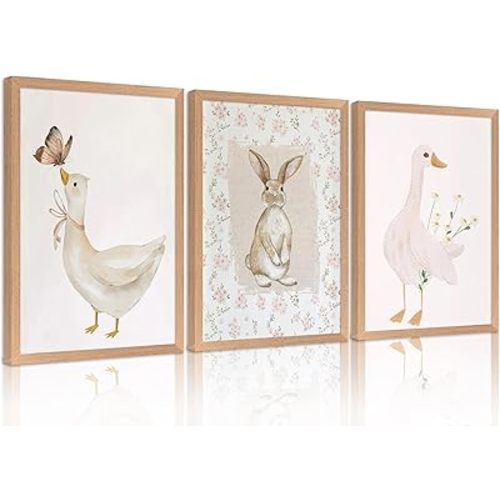 VZKRHPGA 3Pcs Animal Nursery Wall Art Cute Pink Goose And Bunny Painting Picture Wall Decor Pink Printed Retro Animals Poster Print Artwork for Kids Boys Room Bedroom Decorate,Framed