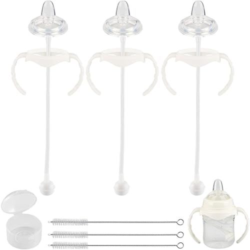 Sippy Cup Soft Spout Conversion Kit for Evenflo Balance Plus Wide Neck Baby Bottles, Toddler Transition Kit with Silicone Sippy Spout Nipple, Weighted Straw, Bottle Handle, Cleaning Brush, 3 Pack, 6m+