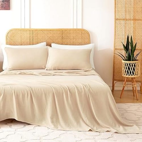 Queen Sheet Set 100% Cotton Bed Sheets Linen Like Textured 4 Pcs Beige Fall 16" Deep Pocket Sheet & Pillowcase Boho Muslin Breathable Soft Queen Sheets Easy Care