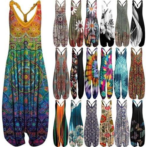 OIOLOYJM Spring Summer Plus Size Boho Overalls for Women 2026 Fashion Jumpsuits Loose Fit Rompers Print Baggy Harem Pants