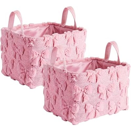 2 Pcs Pink Bow Storage Baskets 16x12'' Back to School Gift Basket Foldable Fluffy Laundry Storage Bin with Handle Coquette Closet Organizer for Preppy Dormitory Countertop Tabletop Shelf