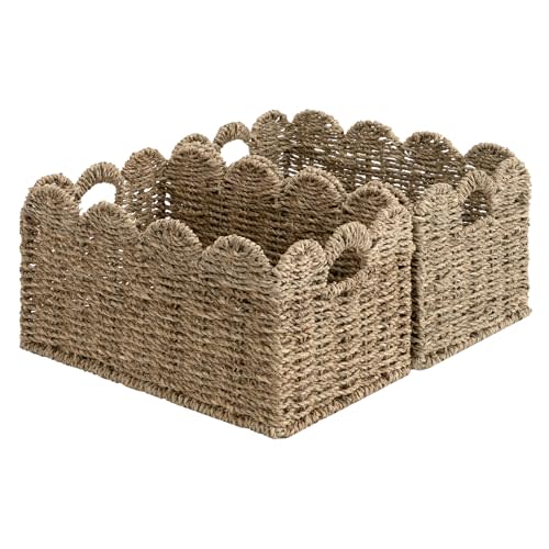 StorageWorks Wicker Storage Baskets for Shelves, Woven Basket for Nursery | Scalloped Wicker Basket for Living Room, Decorative Scalloped Baskets for Storage, Wicker Baskets for Organizing and Decor