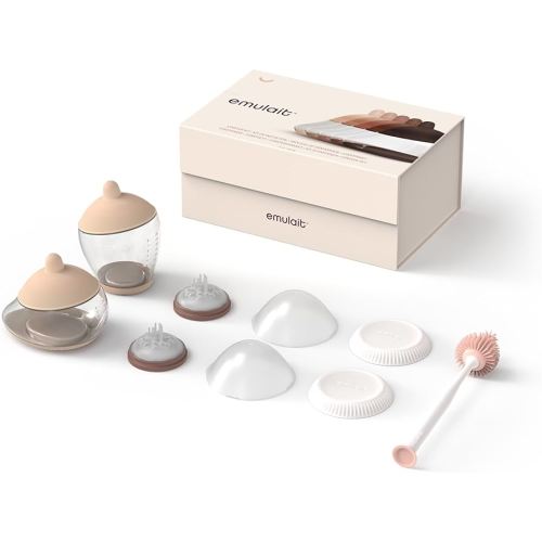 Emulait Baby Bottle Starter Kit Includes 2 Bottles 2 Nipples 2 Caps 2 Lids 2 Responsive Flow Valves, Cleaning Brush - Fair - Shape 4 (Most Common)-RFV