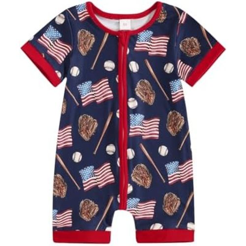 Rtnnsbbfcm Newborn Baby Boy Girl 4th Of July Outfit Short Sleeve Baseball American Flag Print Zip Up Romper Jumpsuit