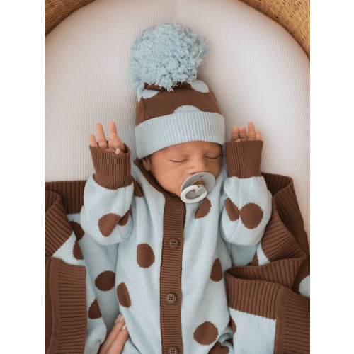 Knitted Pom Beanie | Choc Blue Polka – Little and Fern