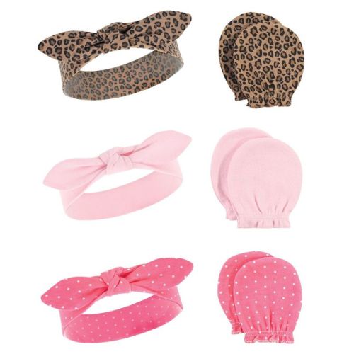 Hudson Baby Infant Girls Cotton Headband and Scratch Mitten 6pc Set, Leopard, 0-6 Months