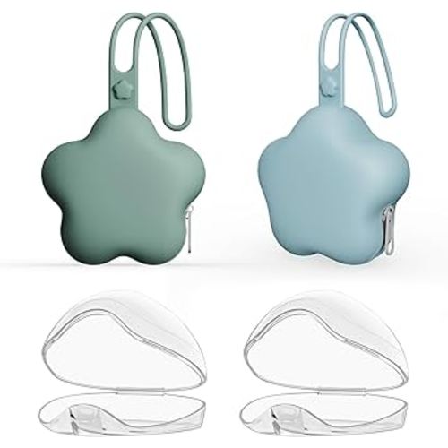 4 Pack Pacifier Holder Case,2pcs Silicone Portable Pacifier Pouch and 2pcs Transparent Nipple Holder Case Container, On-The-GO Pacifier Storage Container Box,BPA Free, Easy to Clean（Green+Blue）