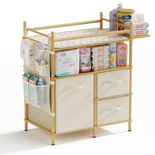 Amazer Baby Changing Table, Bamboo Diaper Changing Station with 3 Removable Storage Drawers, Baby Dresser Table with Flat Top, Large Storage Nursery Organizer Shelves with Pad, Mesh Pocket