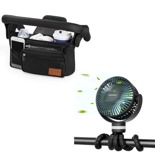 Momcozy Universal Stroller Organizer with Insulated Cup Holder Portable Stroller Fan, 27H Ultra-long Battery Life, Detachable 4 Speed 360°Rotate, LED Night Light with 2 Modes