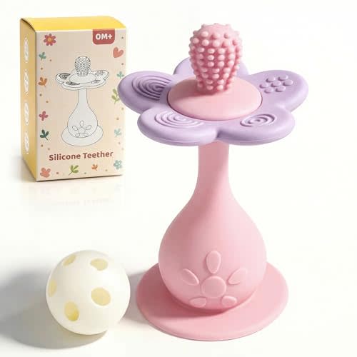 2-in-1 Baby Teething Rattle Toys 3-12 Months, Silicone Flower Teether Toy | Easy Grip Sensory Toy, High Chair Toy, Nipple-Shaped End, 360° Toothbrush Teether Head, Stand-up Suction Base