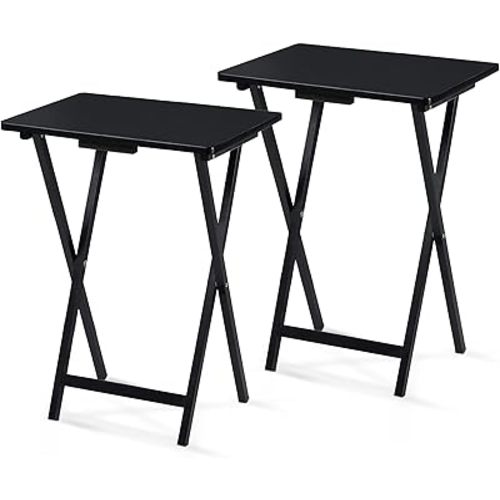 PJ Wood 2-Pack Folding TV Tray Set, Black - Collapsible Portable Snack Serving Tables, Home Furniture for Living Room, Bedroom, and Kitchen