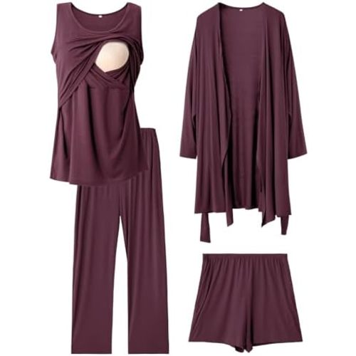 Rnxrbb 4PCS Year-Round Nursing Pajamas Robe Set Postpartum Breastfeeding Pj
