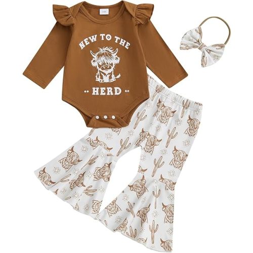 New To The Herd Baby Girl Western Outfit Highland Cow Print Long Sleeve Romper Flare Pants Headband Fall Outfits