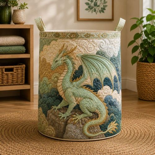 Dragon Quilted Laundry Basket, Fantasy Fabric Storage Bin, Cottagecore Laundry Hamper 14" x 18" sold by Weightless-Barbey | SKU 2700489928 | Printerval
