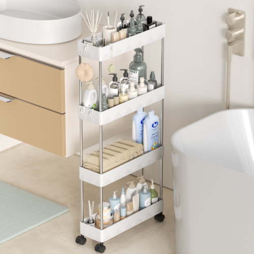 Cshidworld Storage Cart 4 Tier Slim Cart, Rolling Utility Cart Storage Organizer Slide Out Cart, Mobile Shelving Unit Organizer Trolley for Office Bathroom Kitchen Laundry Narrow Places, White