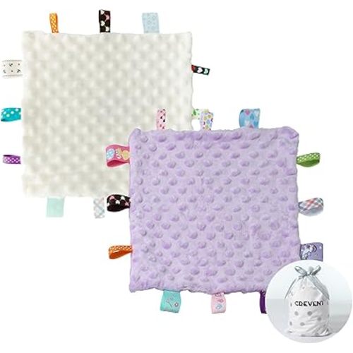 CREVENT Tag Security Blankets for Babies, Soft Small Loveys for Girls, Baby Comforter Sensory Blanket, Great Gifts for Birthday Baby Shower 10"X10" (Ivory + Purple)