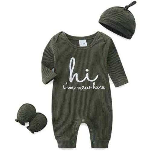 Newborn Unisex Baby Clothes 0-3 Months,Long Sleeve Onesie Infant Coming Home Outfits Romper with Mittens & Hat