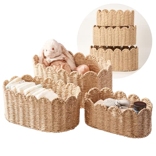 Scalloped Basket Set of 3, Wicker Storage Baskets - Hand-Woven Paper Rope Nursery Organizer for Diaper Caddy, Baby Toys & Shelves, Natural (16x10x7 Inch)