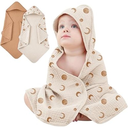 Susurration 2 Pack Thick Muslin Baby Towels, 100% Cotton Soft and Absorbent Baby Bath Hooded Towel for Newborn, Infant, Girls, Boys, Baby Essentials