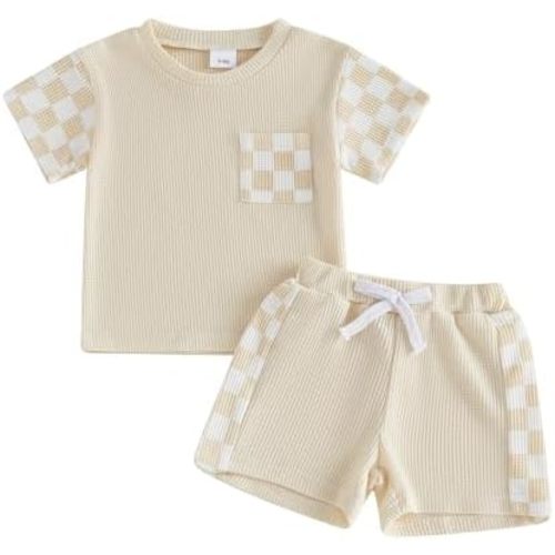 allshope Toddler Baby Boy Summer Outfit Checkerboard Patchwork T Shirt Elastic Waist Shorts Newborn Infant Waffle Clothes Set
